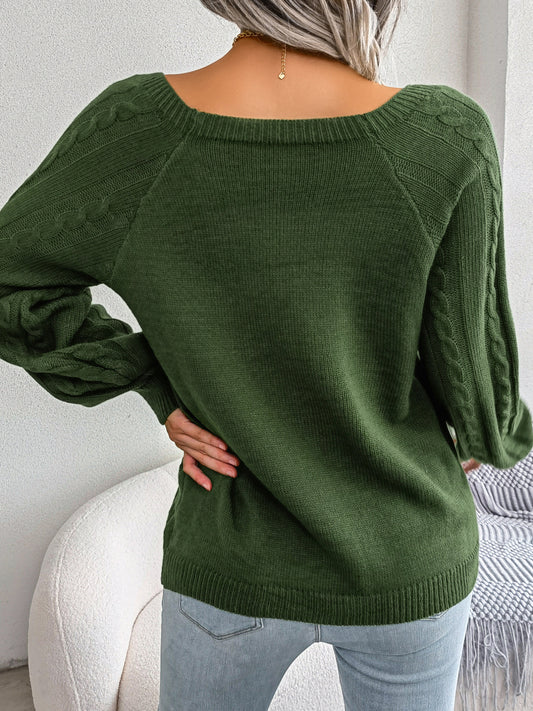 Casual Square Neck Buttoned Cable Knit Pullover Sweater