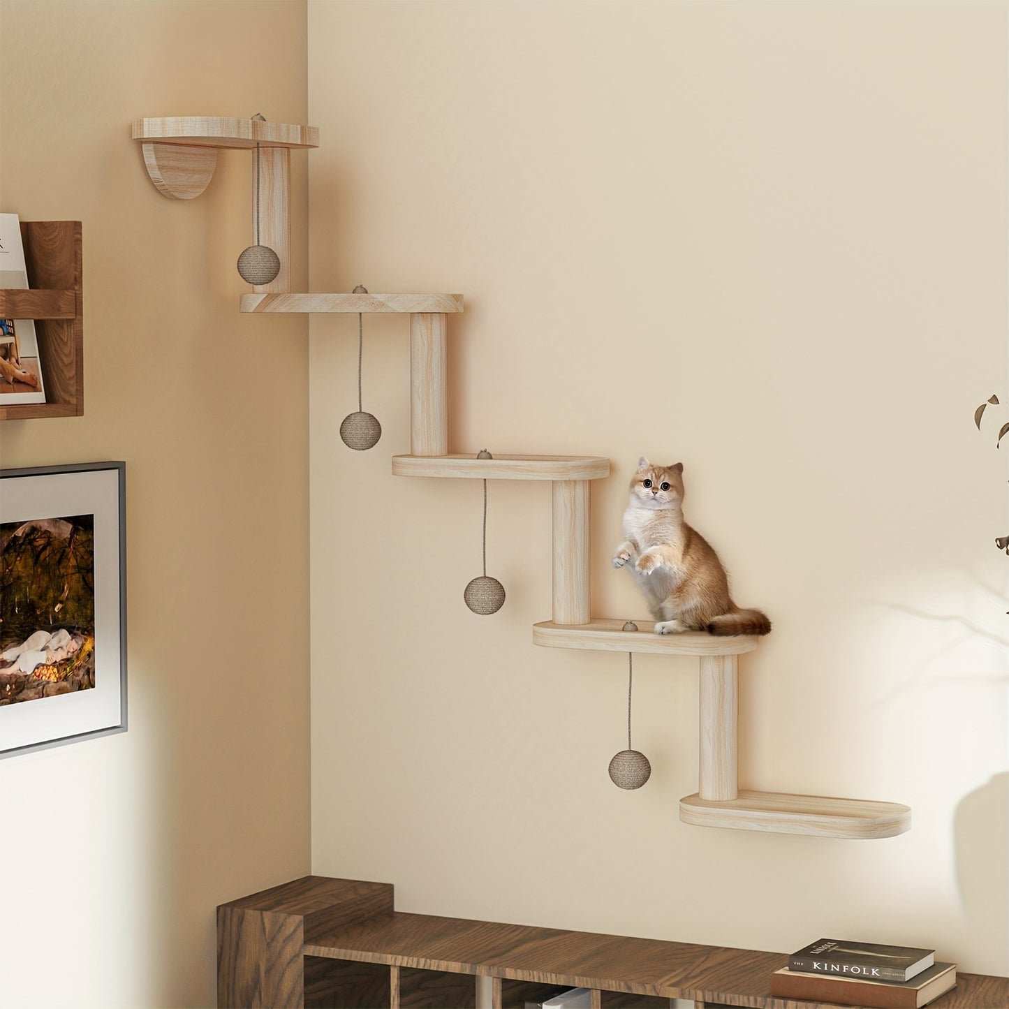 Multi-level Indoor Cat Wall Stair. Space-Saving Wall-Mounted Perch And Play Activity Center, Multi-Level Wooden Cat Climbing System