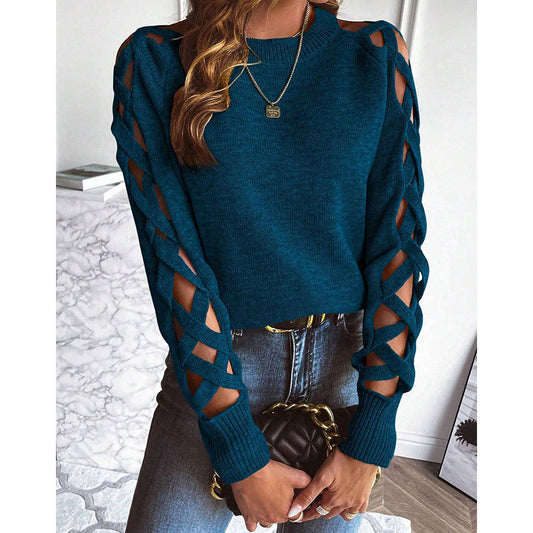 Women's Casual Long Sleeve Hollow Out Sweater, Trendy Chic Crewneck Openwork Knit Pullover Top For Fall