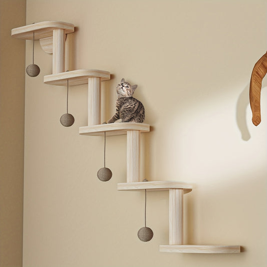 Multi-level Indoor Cat Wall Stair. Space-Saving Wall-Mounted Perch And Play Activity Center, Multi-Level Wooden Cat Climbing System