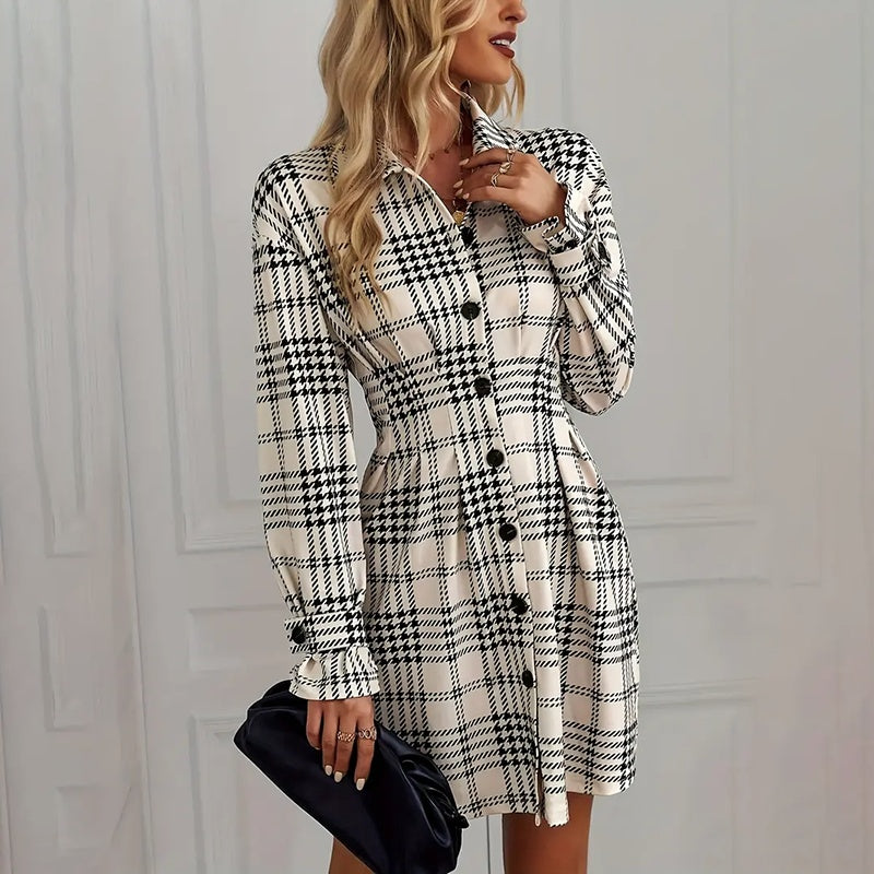 Women's Elegant Plaid Shirt Dress, Ruched Waist A-Line With Long Sleeves