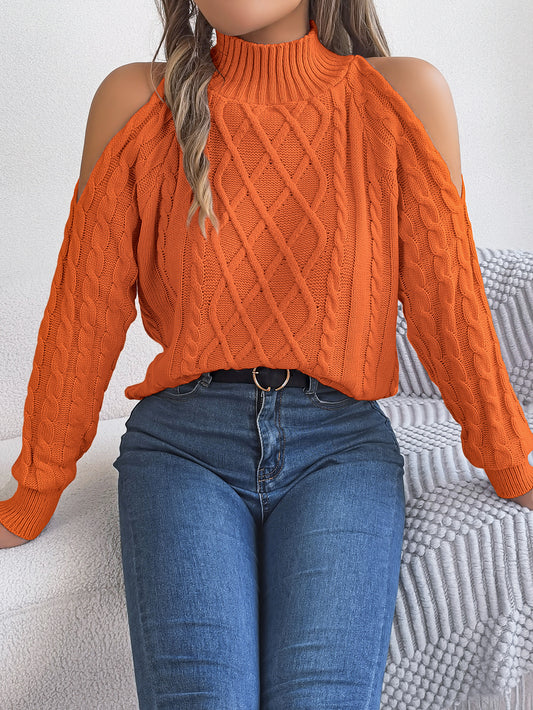 Casual Cable Knit Off-Shoulder Half Turtleneck Long Sleeve Pullover Sweater