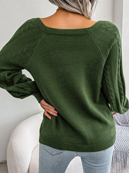Casual Square Neck Buttoned Cable Knit Pullover Sweater