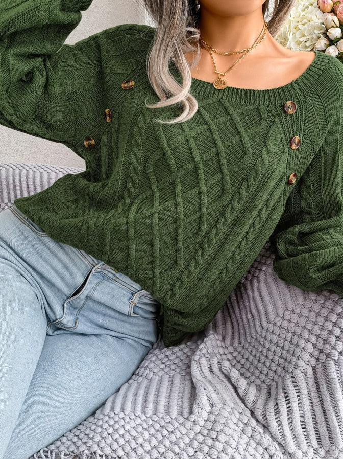 Casual Square Neck Buttoned Cable Knit Pullover Sweater