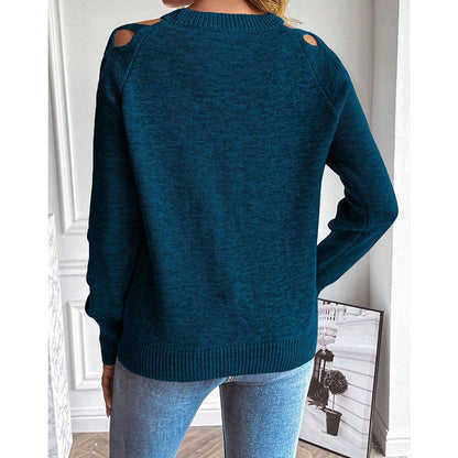 Women's Casual Long Sleeve Hollow Out Sweater, Trendy Chic Crewneck Openwork Knit Pullover Top For Fall
