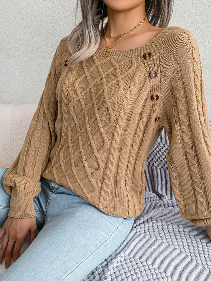 Casual Square Neck Buttoned Cable Knit Pullover Sweater
