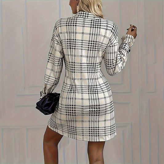Women's Elegant Plaid Shirt Dress, Ruched Waist A-Line With Long Sleeves