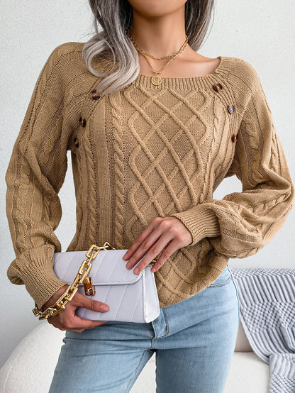 Casual Square Neck Buttoned Cable Knit Pullover Sweater