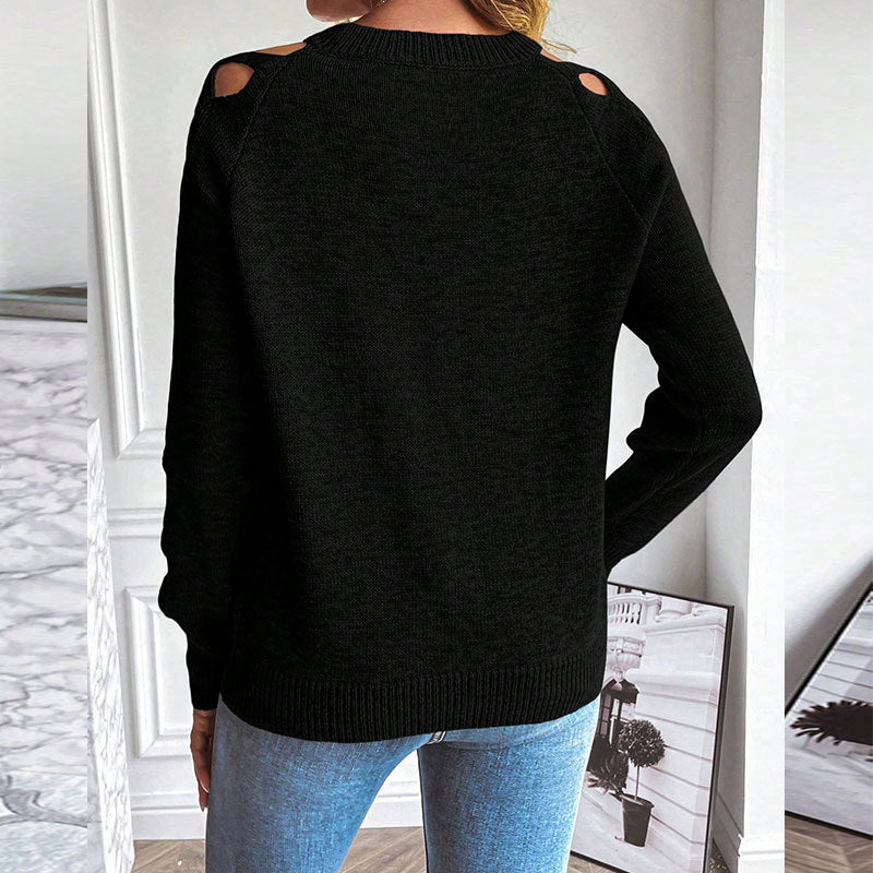 Women's Casual Long Sleeve Hollow Out Sweater, Trendy Chic Crewneck Openwork Knit Pullover Top For Fall
