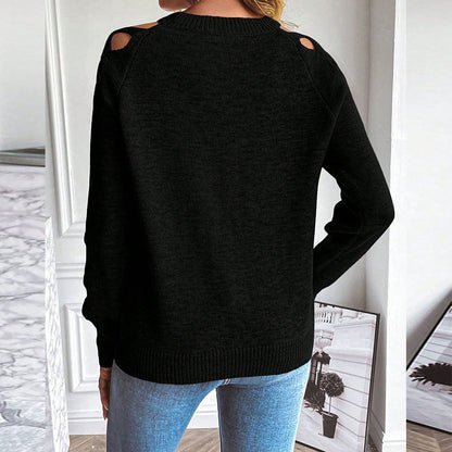 Women's Casual Long Sleeve Hollow Out Sweater, Trendy Chic Crewneck Openwork Knit Pullover Top For Fall